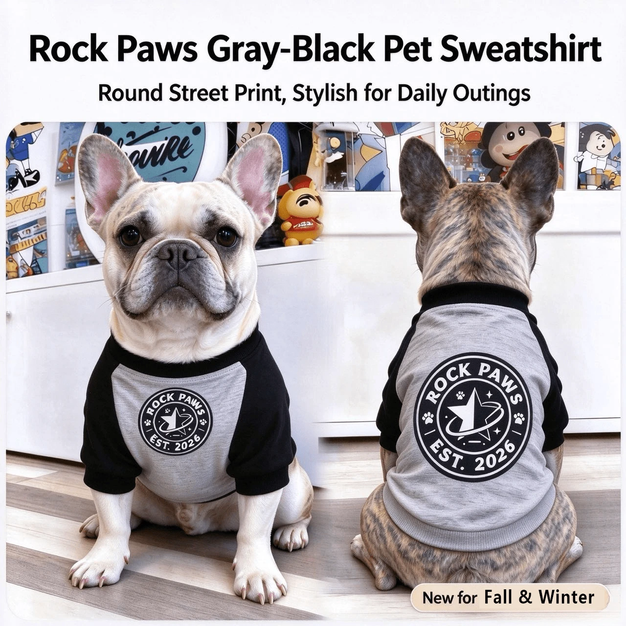 Pakaian Hewan Peliharaan Bergaya Baru Musim Gugur/Dingin, Ukuran Kecil & Sedang, Anak Anjing dan Kucing, Kaos Lengan Panjang dengan Blok Warna - Light Grey - View 1