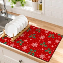 1pc Holly Pattern Dish Drying Mat, Coffee Machine Mat, Washing Machine Mat, Microwave Mat, Table Mat, Home Decor, Polyester Material, Suitable For Kitchen, Living Room And Other Multiple Scenes, Multiple Sizes Available, Can Be Used As Christmas Gift - Multicolor - View 10