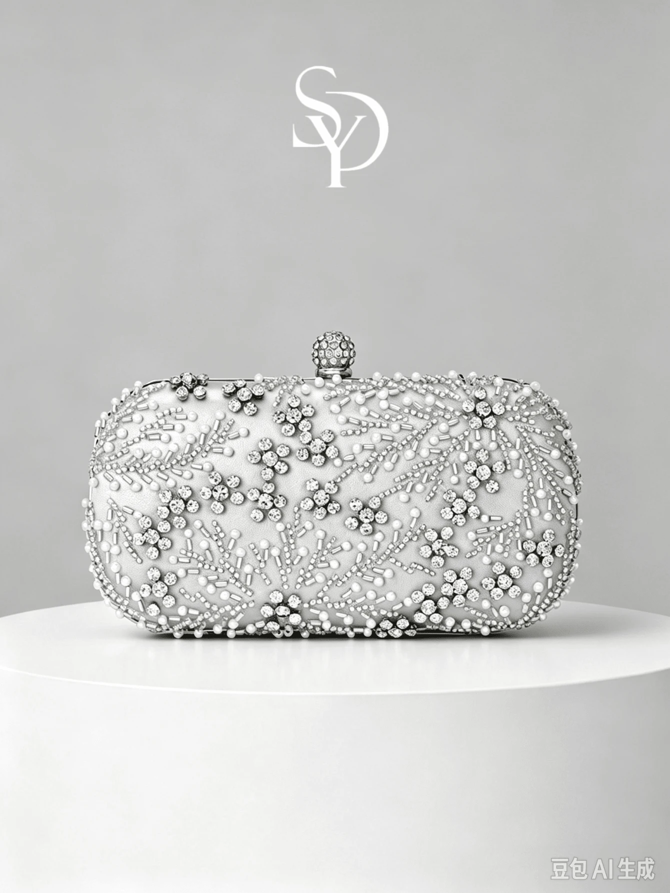 1pc Silver Beaded Evening Clutch, Silver White Pearl Rhinestone Woven Pattern, Spherical Full Rhinestone Lock, Hard Shell Box Body, With Detachable Chain, Evening Party Wedding Dress Matching Clutch - Silver - View 1