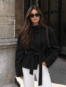 GDDYIN Women's Suede Belted Flare Collar Jacket, Front Button Closure, Long Sleeve Regular Length, Suitable For Autumn/Winter Wear - Black - View 3