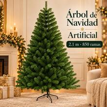 Árbol de Navidad Artificial Verde de 2.1 m con 850 Ramas, Follaje Plano de 6 cm y Soporte Metálico Negro, Fácil de Montar y Reutilizable para Hogar, Oficina y Tienda - 850 Ramas - Ver 2