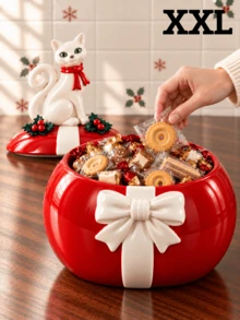 1pc Large Christmas Cat Candy Jar With Lid, Decorative Storage Container For Cookies And Snacks, Kitchen Countertop And Holiday Table Decor, Gift For Cat Lovers - Red - View 4