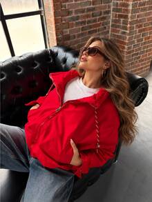 Women's Red Short Trench Coat Jacket, Stand Collar Zipper Front Loose Fit Outdoor Jacket With Drawstring Hem - Red - View 5