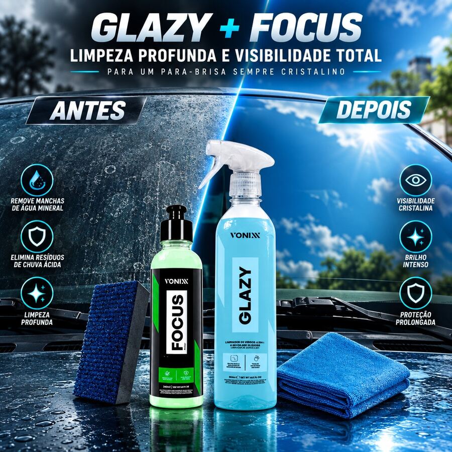 Kit Limpeza e Descontaminação de Vidros Vonixx: Glazy 500ml 4 em 1 + Focus 240ml + Taco de Carpete + Pano - A - Visão 1