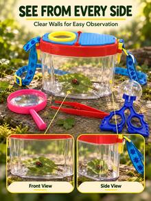 Portable Handheld Insect Breeding & Observation Box For Teens, High-Definition Transparent With Magnifying Lens, Breathable Collection Box, Includes Telescopic Insect Net, Tweezers And Insect Clip, Outdoor Nature Exploration - Multicolor - View 7
