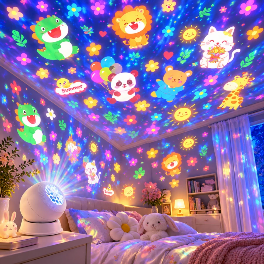 USB Powered 360° Rotatable Cartoon Animal Pattern Projection Lamp, Multi-Angle Adjustable LED Atmosphere Night Light, Ceiling Cartoon Light Shadow Decoration Lamp, Home Bedroom Desktop Atmosphere Decor, Creative Holiday Gift - White - View 1