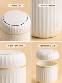 Mini Desktop Trash Can With Lid, Ribbed Round Countertop Waste Bin, Modern Gold Trim Design, Compact Tabletop Garbage Container For Bedroom, Bathroom, Office Desk, Vanity, Dorm Room, Living Room, Kitchen Counter, Small Space Organization For Home. - Multicolor - View 9