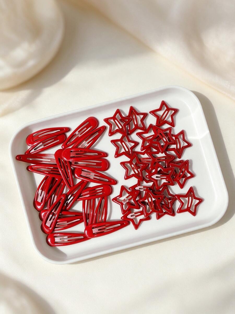 8pcs Girls' Metallic Sweet-Cool Star BB Clips, Red Teardrop And Star Resin Hairpins, Simple And Versatile Y2K BB Clips - Multicolor - View 1