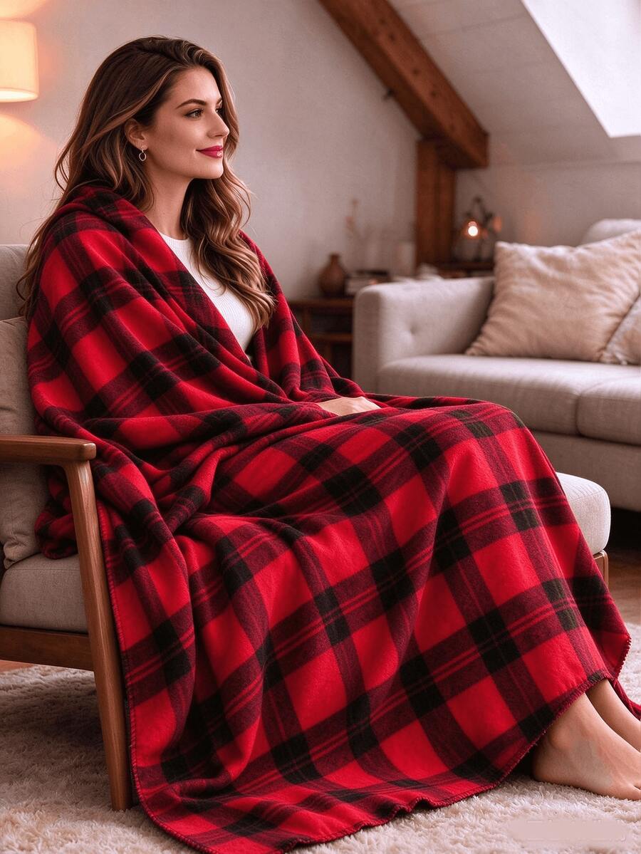 1pc Red Plaid Sofa Throw Blanket, Soft Woven Blanket, Classic Plaid Pattern, Multi-Purpose Autumn Home Decor, Holiday Gift, Perfect For Daily And Holiday Use, Home Decoration - Multicolor - View 1