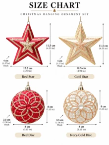 1pc Embossed Glitter Christmas Hanging Ornament, 3D Five-Pointed Star And Round Disc Ball Decor, Red & Gold Embossed Pendant, Christmas Tree Hanging Ornament, Store Window Display Decoration, Holiday Home Living Room Fireplace Party Atmosphere Decor, Christmas Gift - Multicolor - View 9