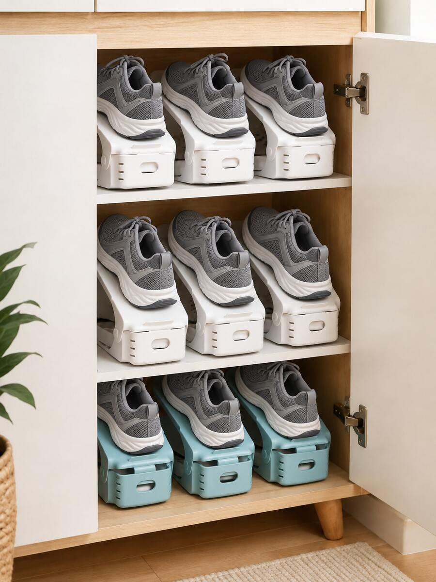 10pcs Adjustable Shoe Slots Organizer, Double Layer Space Saving Shoe Stacker With Height Adjustment, Shoe Rack Holder For Sneakers, Casual Shoes & Flats, Closet Cabinet Storage Organizer - View 1