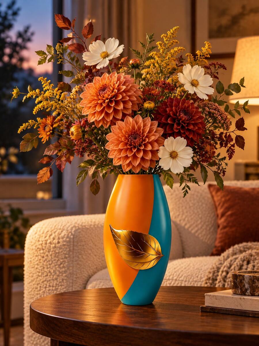 1pc Modern Small Desktop Vase, Artistic Orange And Cyan Color Block Design With Gold Leaf Decoration, Suitable For Living Room, Bedroom, Office Desk, Bookshelf, Entryway Home Decor - A - View 1