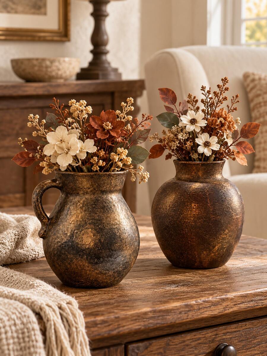 1pc Rustic Bronze Tone Flower Vase, Vintage Textured Decorative Vase For Fresh Or Dried Flowers, Farmhouse Home Decor For Living Room, Entryway, Shelf, Mantel & Dining Table - Multiple Styles - View 1