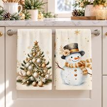 2pcs Light Beige Luxury Christmas Gold Christmas Tree & Snowman Print Kitchen Towels, Suitable For Kitchen, Bathroom, Toilet Holiday Kitchen Decor, Winter Home Decoration, Christmas Gift Set - Multicolor - View 2