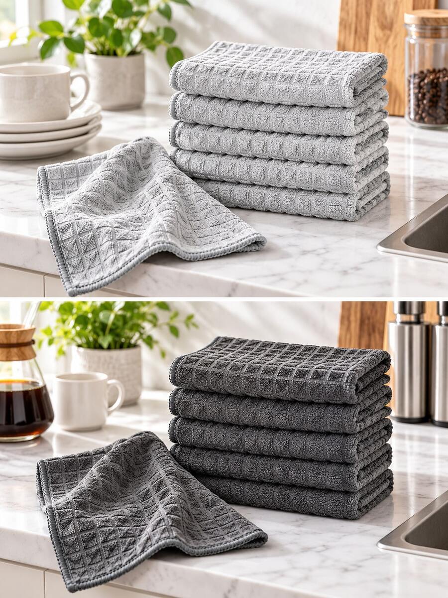 Khăn lau vệ sinh sợi microfiber dệt tổ ong, khăn lau bếp và khăn rửa bát siêu thấm hút, ít xơ, tái sử dụng được, mềm dày với viền may, 1 cái, 40x40cm / 15.7x15.7in, màu xám, dùng cho bát đĩa, mặt bàn, kính, cửa sổ và máy pha cà phê