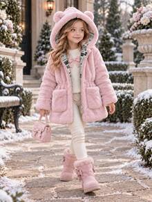 Girls' Winter Padded Coat With Ear Decor, Toddler & Tween Girl Warm Cotton Outerwear - Pink - View 2