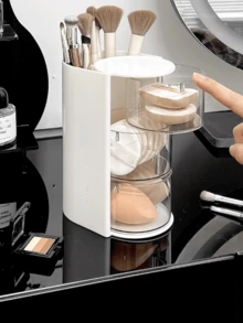Rotating Makeup Powder Puff Storage Rack With Drawer Compartments Hair Accessories Organizer Box Desktop Comb Hair Tie Hair Clip Makeup Brush Multi-Function Storage Shelf - White - View 7