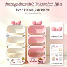 1pc Cartoon DIY Sticker Vertical Storage Box, Bowknot 3-Layer Desktop Organizer, Small Item Compartment Storage Rack, Suitable For Home And Office Storage - Multicolor - View 1