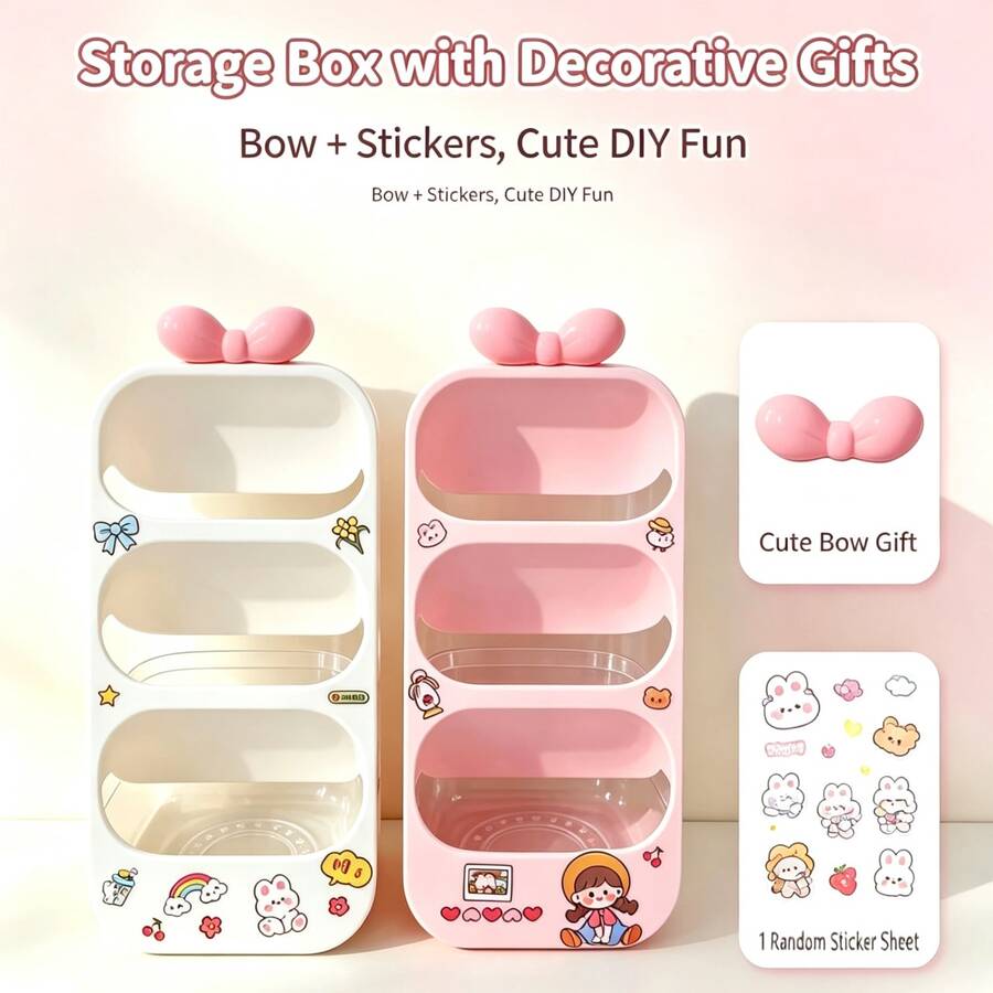 1pc Cartoon DIY Sticker Vertical Storage Box, Bowknot 3-Layer Desktop Organizer, Small Item Compartment Storage Rack, Suitable For Home And Office Storage - Multicolor - View 1