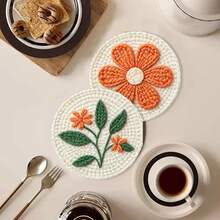 6pcs Coaster Set DIY Punch Needle Kit For Beginners – Includes Punch Needle, Yarn, Instructions, Hoop & Pre-Printed Fabric (Different Flowers). Creative Cup Decoration Or Gifting. 2D Printed Punch Needle Starter Kit - 6pcs - View 6