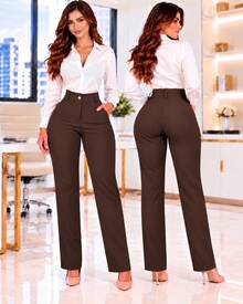 Women Suit Pants - Coffee Brown - View 2