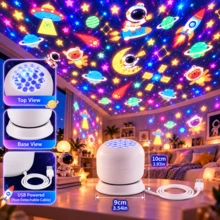 1pc USB Powered 360° Rotating Projection Atmosphere Light, Projecting Space Astronaut Rocket UFO Planet Star Moon Patterns, LED Night Light, Wall Ceiling Colorful Light Shadow Decoration Lamp, Bedroom Desktop Atmosphere Ornament, Party Backdrop Creative Gift - White - View 9