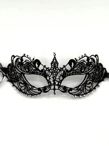 Adult Masquerade Mask, Rhinestone Satin Ribbon Style, Mysterious Fun Lace Mask, Couple Style, Men's And Women's Lace Headpiece And Costume, Christmas Mask, Halloween Mask - Black - View 1