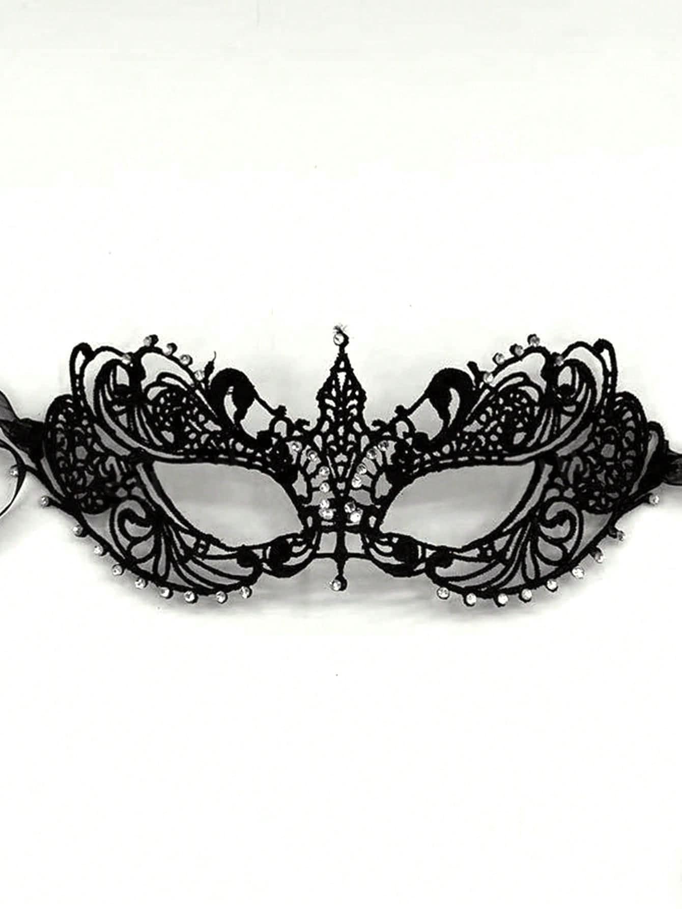Adult Masquerade Mask, Rhinestone Satin Ribbon Style, Mysterious Fun Lace Mask, Couple Style, Men's And Women's Lace Headpiece And Costume, Christmas Mask, Halloween Mask - Black - View 1
