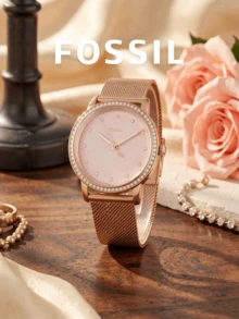Fossil ES4364 Women's Quartz Watch Rose Gold Mesh Stainless Steel Strap Round Pink Dial Crystal Bezel Rhinestone Hour Markers Elegant Watch Valentine's Gift - one-size - View 1