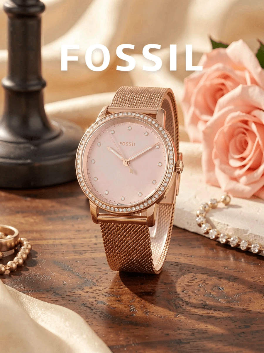 Fossil ES4364 Women's Quartz Watch Rose Gold Mesh Stainless Steel Strap Round Pink Dial Crystal Bezel Rhinestone Hour Markers Elegant Watch Valentine's Gift - one-size - View 1