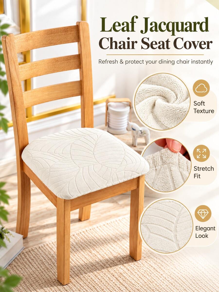 1pc Leaf Jacquard Chair Seat Cover Stretch Elastic Dining Chair Slipcover Anti-Slip Removable Chair Seat Protector Dust Cover For Dining Room Kitchen Autumn Home Decor Fall Home Decoration - Beige - View 1