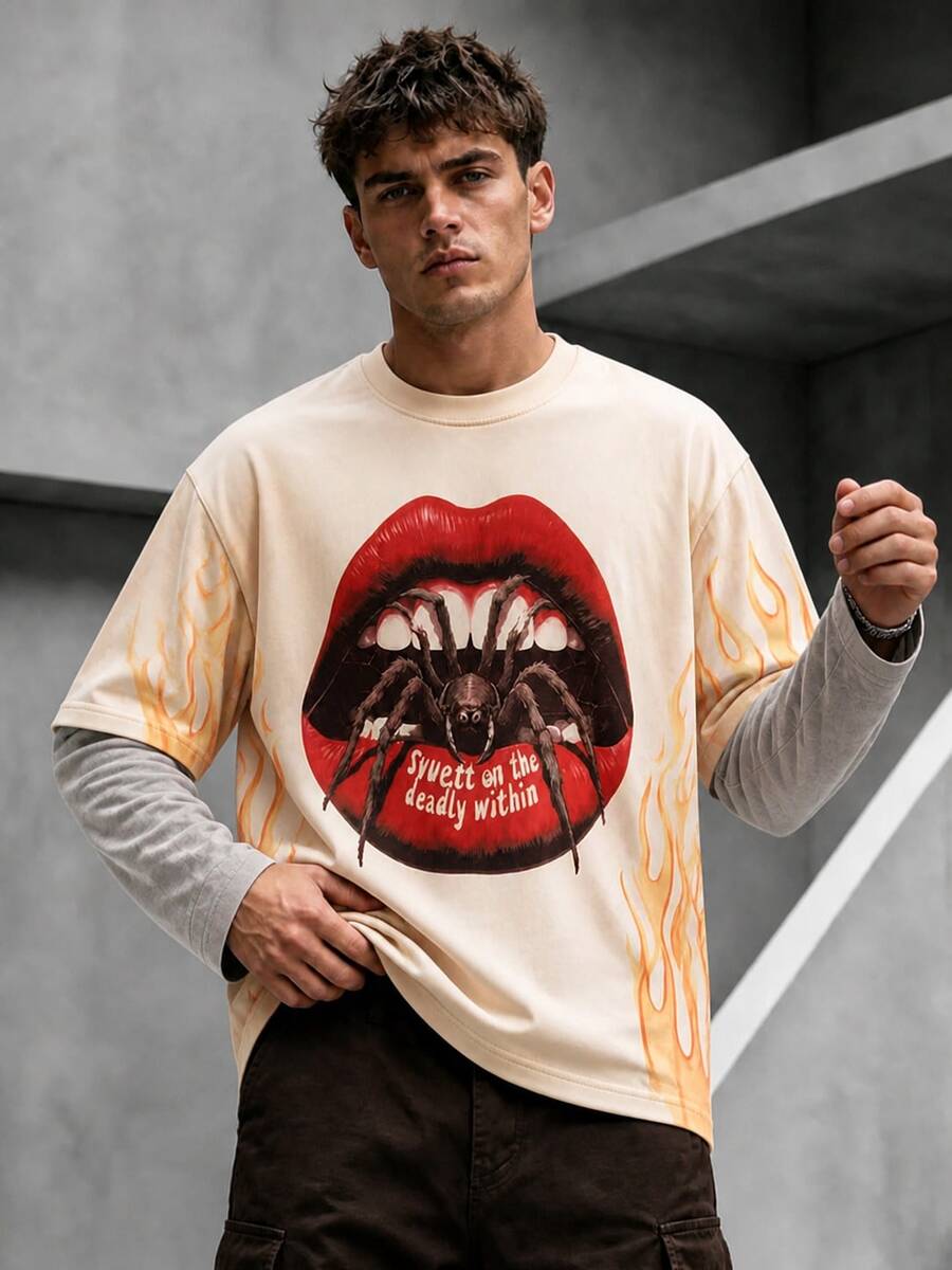 Krometka Men's American Vintage Red Lips Spider Print 2 In 1 Long Sleeve T-Shirt, Side Flame Pattern High Street Top - Apricot - View 1