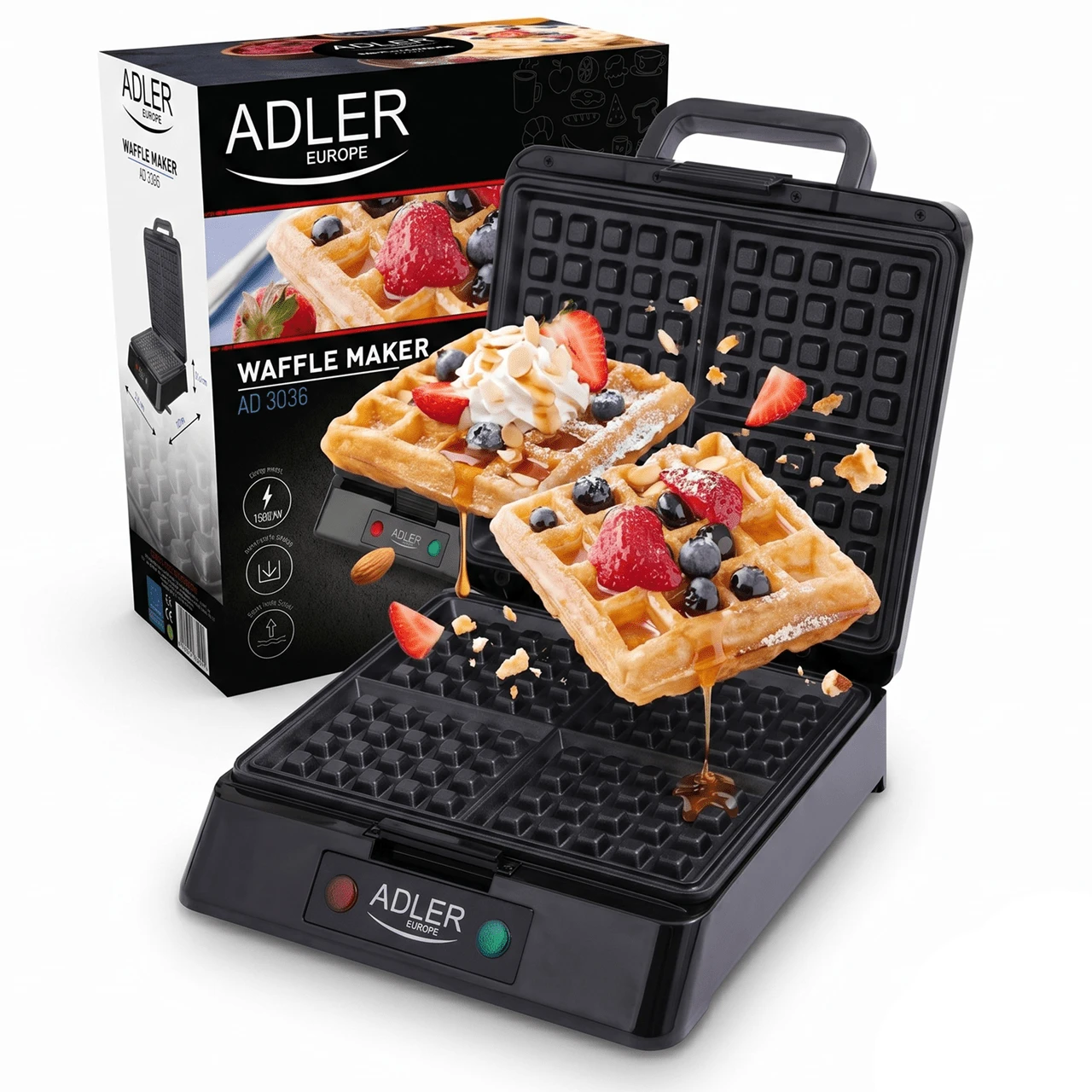 Adler صانعة وافل 4 فتحات XXL، 1500 واط، ألواح عميقة، طبقة غير لاصقة، هيكل بارد الملمس، مؤشر جاهزية، أرجل مانعة للانزلاق - قابس اتحاد أوروبي نوع E (220 إلى 240 فولت) - مشاهدة 1