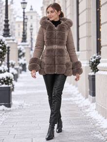 Women Faux Fur Patchwork Hooded Belted Padded Winter Coat, Zipper Front Warm Outerwear With Pockets - Khaki - View 5