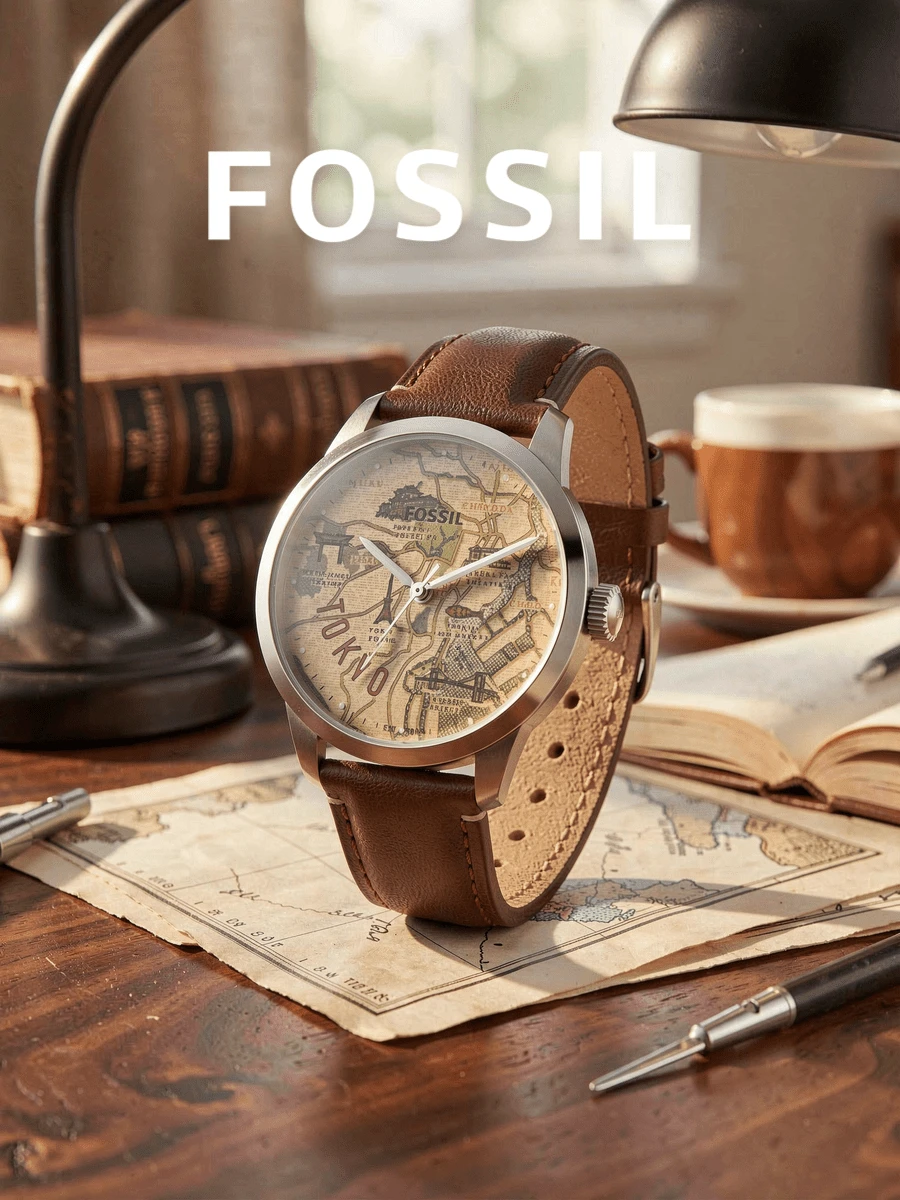 Fossil FS5100 Men's Quartz Watch Brown Vintage Leather Strap Round Retro Tokyo Map Printed Dial Silver Case For Retro Styling And Souvenir Gift - one-size - View 1