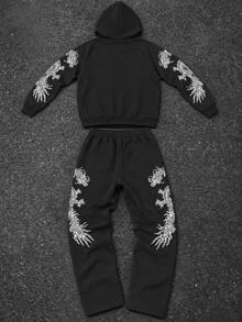 Fractyr Men's Silver White Dragon Pattern Japanese Foil Print Sweatshirt & Wide Leg Sweatpants Set, Vintage Japanese Streetwear Casual Drawstring 2 Pieces Set - Black - View 5