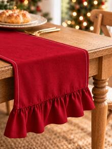 1pc Table Runner, Washed Wrinkled, Simple Pastoral Style. Polyester Material Rectangular Tablecloth With Scalloped Edge, Suitable For Christmas, Restaurant, Public Holiday And Daily Decoration. - Red - View 6