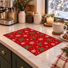 1pc Holly Pattern Dish Drying Mat, Coffee Machine Mat, Washing Machine Mat, Microwave Mat, Table Mat, Home Decor, Polyester Material, Suitable For Kitchen, Living Room And Other Multiple Scenes, Multiple Sizes Available, Can Be Used As Christmas Gift - Multicolor - View 9