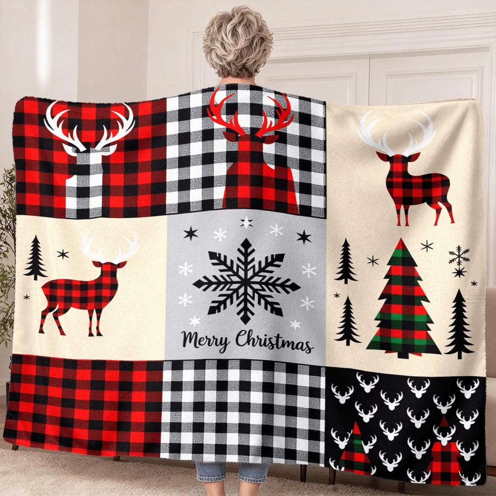1PC Christmas Reindeer Patchwork Print Wearable Blanket-Soft And Comfortable For Both Men And Women. Perfect For Family Relaxation, Christmas Gifts And Winter Warmth