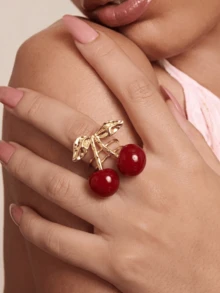 1 buah Cincin Terbuka Ceri Merah Manis yang Modis, Elegan, dan Imut, Cocok untuk Pemakaian Sehari-hari Wanita dan Aksesori Serbaguna - Merah - View 2