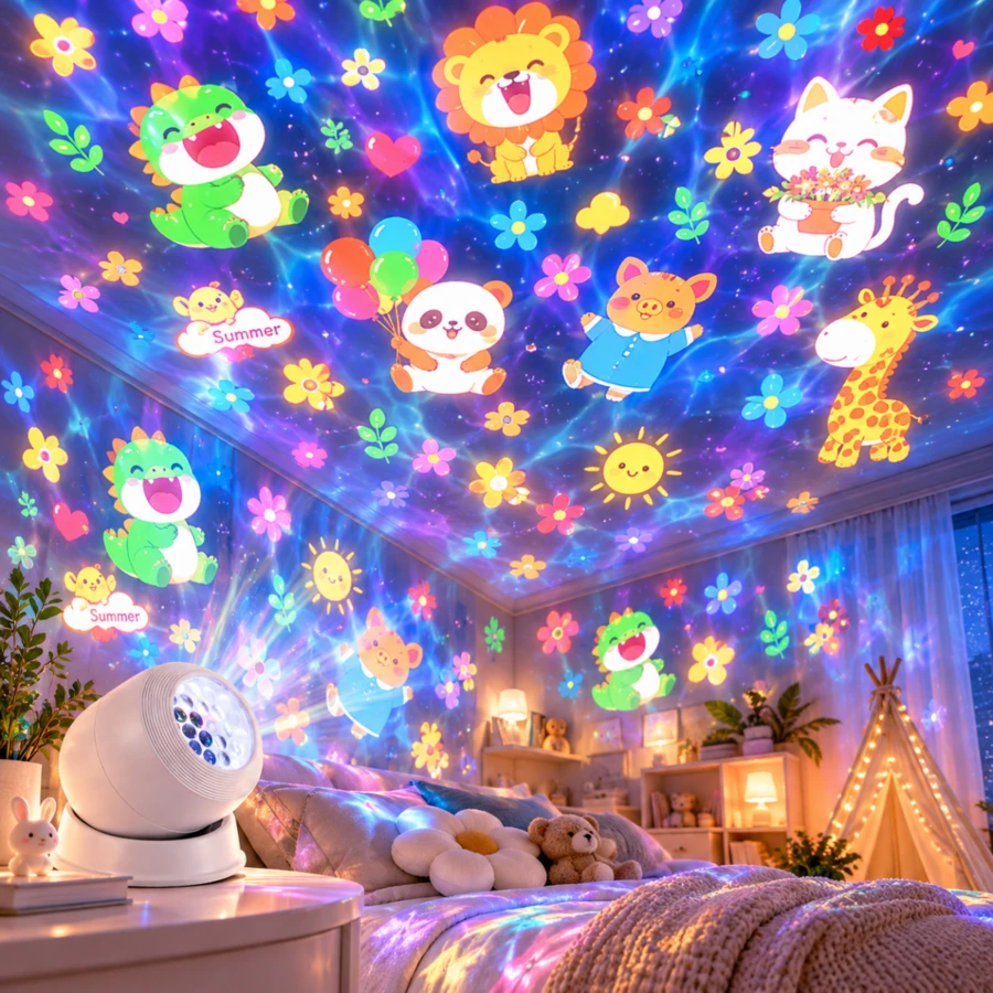 USB Powered 360° Rotatable Cartoon Animal Pattern Projection Lamp, Multi-Angle Adjustable LED Atmosphere Night Light, Ceiling Cartoon Light Shadow Decoration Lamp, Home Bedroom Desktop Atmosphere Decor, Creative Holiday Gift - White - View 1