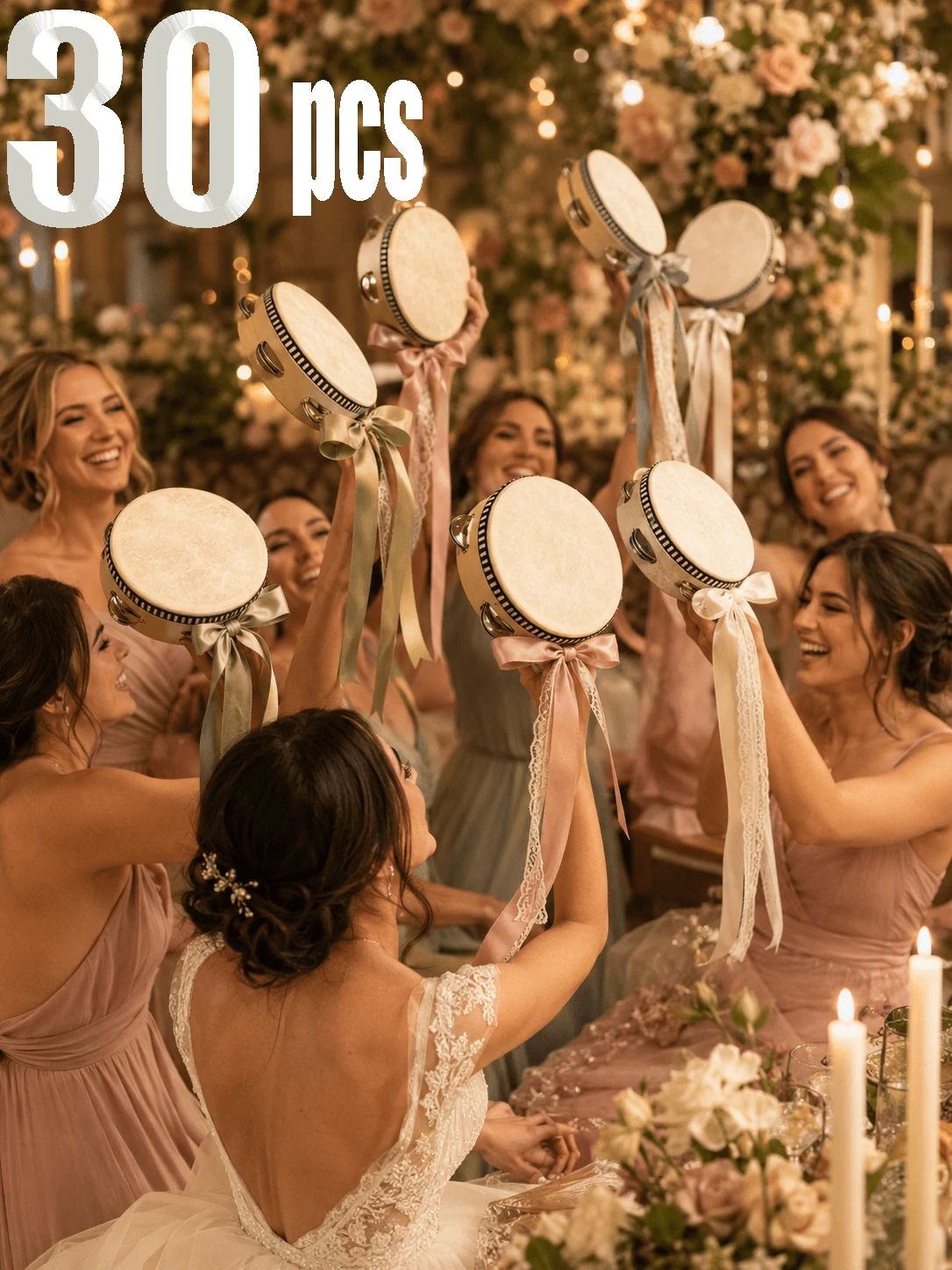 30pcs Handheld Wooden Tambourine, 4-Inch Adult Wedding Hand Bell Drum Wholesale, Wooden Hand Bell Drum With Metal Bells, White Wedding Party Gift Musical Instrument - Multicolor - View 1