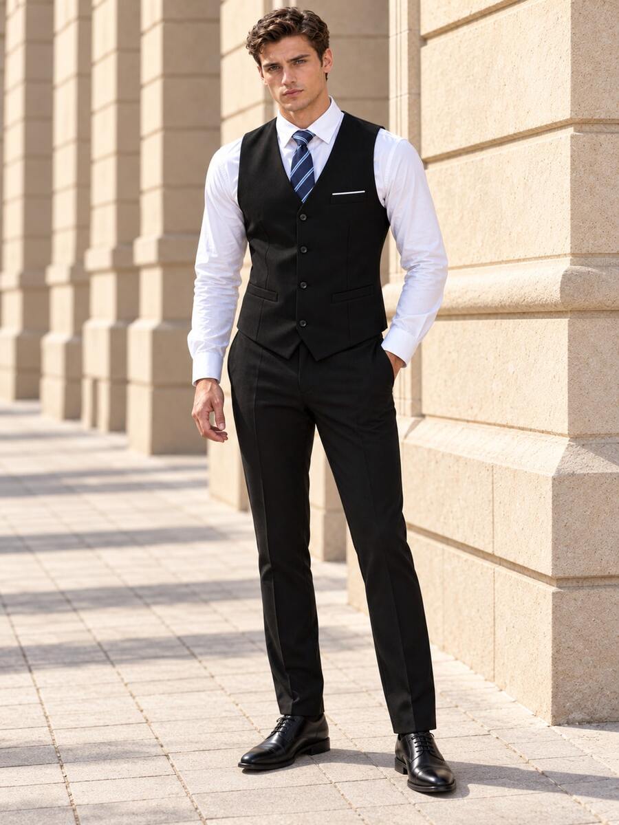 Men's Suit Vest And Dress Pants 2 Pieces Set Formal Wedding Business Waistcoat Trousers Outfit - Black - View 1