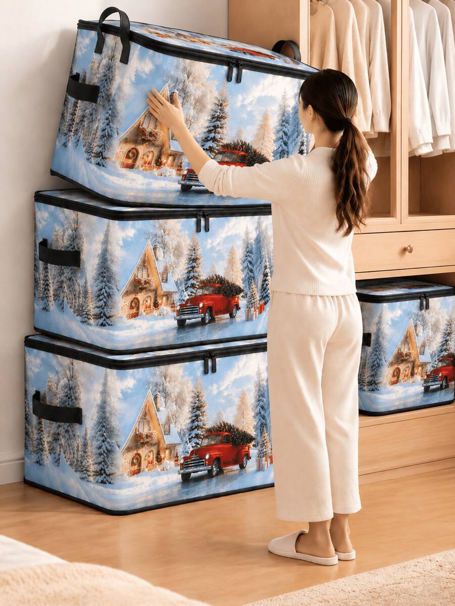 Christmas Foldable Storage Box With Zipper Lid, Foldable Zipper Storage Box, Christmas Storage Bucket With Lid And Handles, Large Capacity Clothing And Bedding Storage Box With Handles, Christmas Tree And Red Truck Pattern Blanket Storage Bucket - Multicolor - View 1