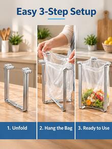 Stainless Steel Folding Trash Can Plastic Bag Holder, Kitchen Countertop Desktop Easy-To-Use Trash Can, Multi-Functional Storage - View 6