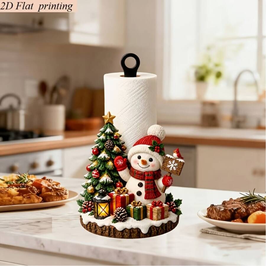 1pc 2D Flat Printed Kitchen Paper Towel Holder, Christmas Style Cozy Snowman & Christmas Tree Design Creative Desktop Paper Roll Rack, Acrylic Material, No Paper Towels Included, Fun Holiday Design, Suitable For Living Room & Dining Room, Christmas Home Decor - A - View 1