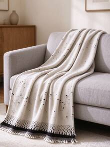 1pc Beige Black Polka Dot Tassel Blanket, Minimalist Jacquard Border Design, Multi-Purpose Autumn/Winter Home Decor, Holiday Gift, Perfect For Daily And Holiday Use, Home Decoration - Black and White - View 10