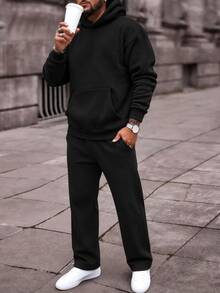 Men's Minimalist Black Sweatshirt Sweatshirt Set, Loose Drop Shoulder Pullover Sweatshirt With Draped Wide Leg Pants, 2-Piece Set - Black - View 1