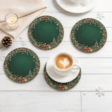 Merry Christmas Green Theme, 2D Printed Pattern Design Waterproof Heat-Insulating Coaster, Home Kitchen Decor Accessory, Suitable For Various Holiday Gatherings, Winter Tabletop Decoration, Christmas Gift - Coaster/LDX96 - View 2