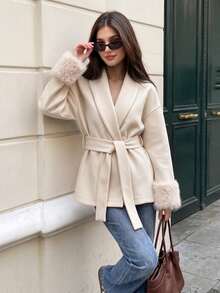 Women's Elegant Beige Woven Fabric Coat, Shawl Collar Design, With Faux Fur Cuffs And Belt, Autumn/Winter - Beige - View 1